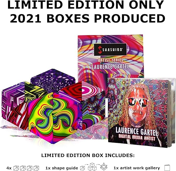 Shashibo Limited Edition Gartel Shape Shifting Box - Award-Winning, Patented Fidget Cube w/ 36 Rare Earth Magnets - Designed by Digital Art Pioneer Laurence Gartel (4 Pack)