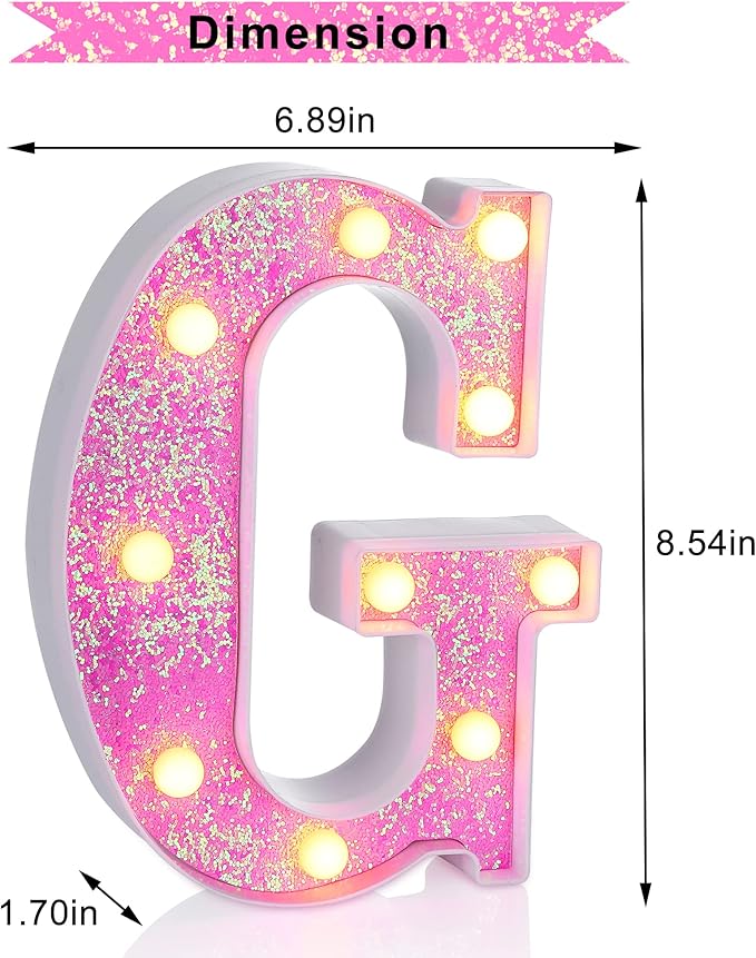 Foaky Pink Light up Letters，Pink Party Decorations,Girls Room Decor,Glitter Light Up Letters,Alphabet Letter Sign for Night Light Birthday Party Girls Gifts, Home Bar Decoration（G）