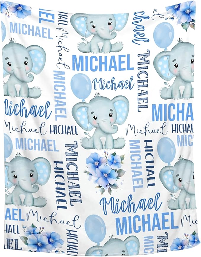Personalized Baby Blanket for Girls Boys Kids Elephant Custom Baby Blanket with Name Throw Birthday Gift for Toddlers Infants Shower Newborns Nursery Stroller Crib Bed Decor