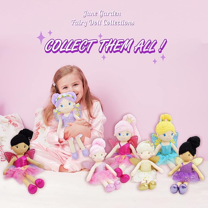 June Garden 16" Enchanted Garden Fairy Doll Siofra - Plush Stuffed Soft Doll Girl Gift - Fushia Outfit and Wings