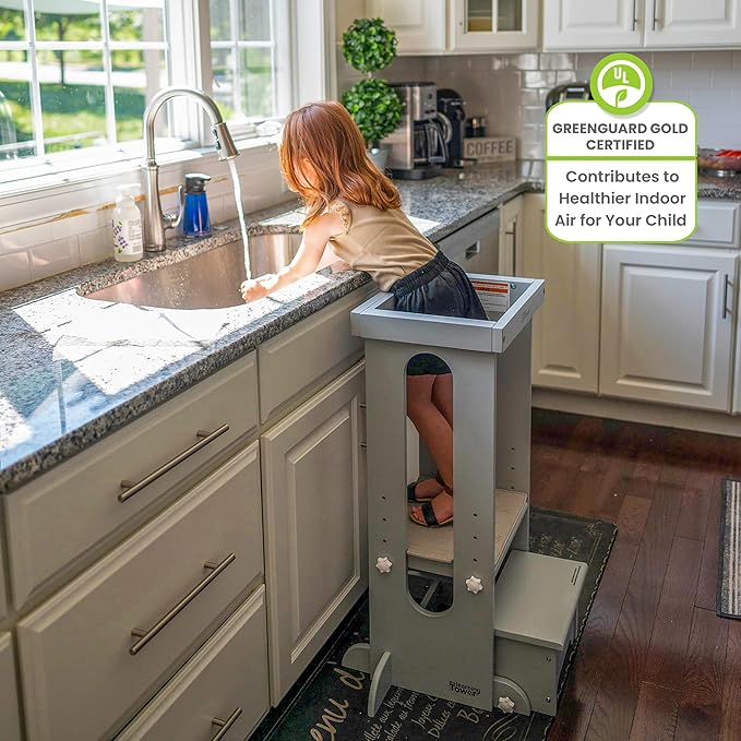 Little Partners Foldable Toddler Tower, Learning Tower Explore 'N Store Montessori Standing Kitchen Tower with Folding Step Stool Platform for Cooking and Learning, Ages 2+ (Silver Drop)