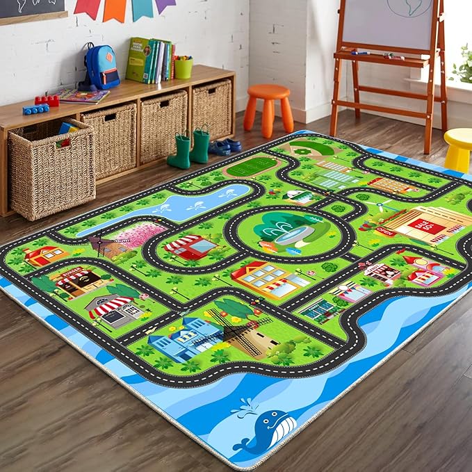 Car Rug,Kids Play Rug with Roads,Playroom Toy Car Rug, Car Track Rug City Map for Bedroom Classroom - (78.7X59 Inches)