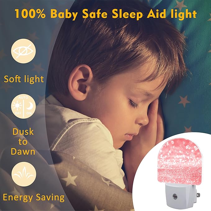 Pink Gold Glitter Night Light, Rose Pink Sparkle Shine Dusk to Dawn Night Light Plug in,0.5w Energy Saving Sleep Friendly NightLight for Kids Boys Girls Home Decor