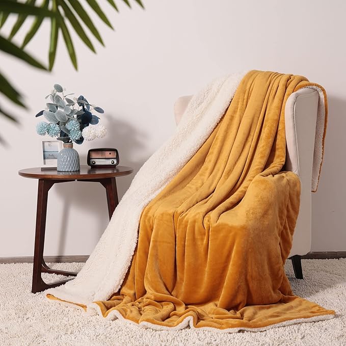 NANPIPER King Size Sherpa Blanket, Soft Fleece Throw for Bed, Reversible Thick Fuzzy Blanket for Winter (Ginger Yellow, 90x108 inches)
