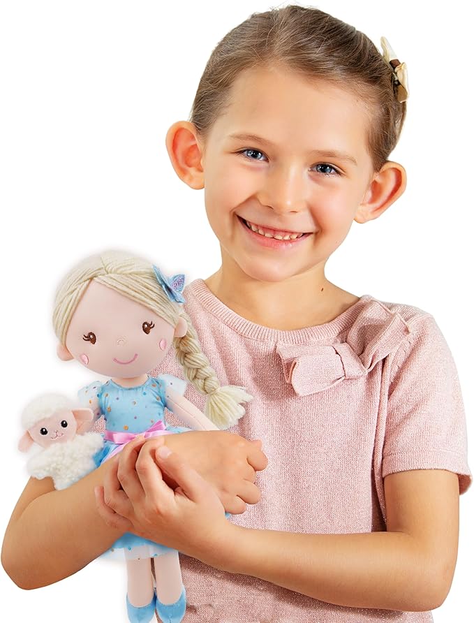 June Garden 15" Playmate Buddies Luna - Soft Plush Doll with Her Stuffed Animal Companion Lamb - Polka Dot Blue Dress for Kids 1 Year and Up