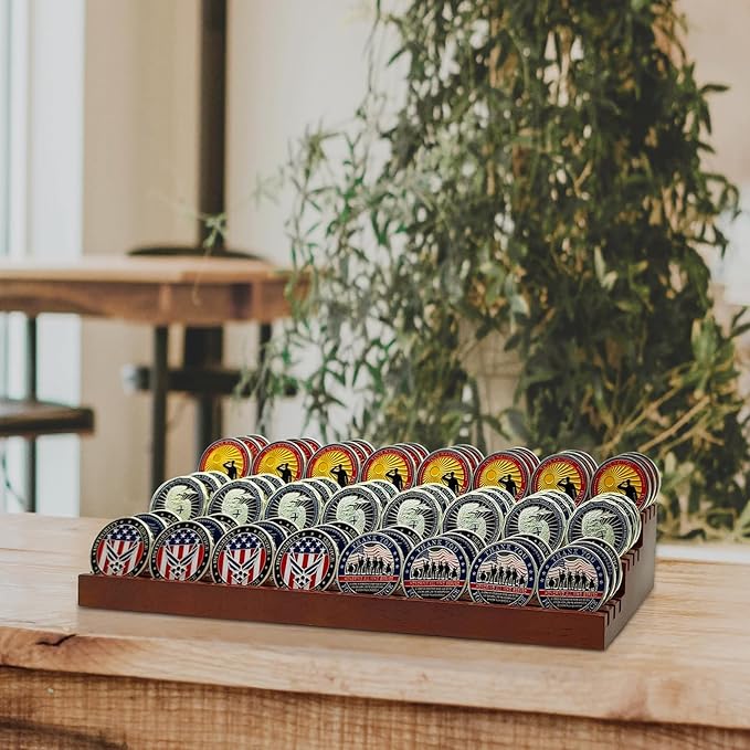 100% Solid Wood Challenge Coin Display Stand,Three-Tier Coin Rack Military Coins Display Holders Shelves,9 Row Wooden Army Collectible Coins Holder Case Holds 60-75 Coins