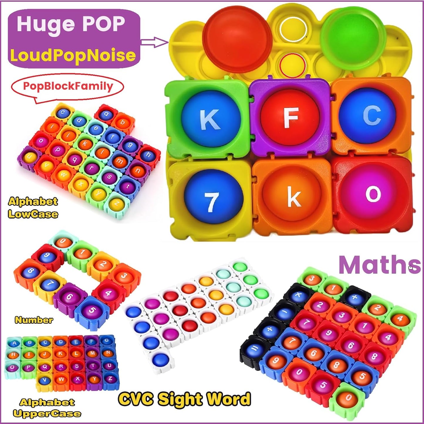 JeewLet-POP MultiSensory Pop-CVC-Fidget-Classroom-Toys。Funny Reading&Phonics Interactive Tools。Giant Rainbow Silicone Bubble&Loud Crisp Sound&DIY-Pops-Its-Fidget-Toys-Building-Blocks-Game