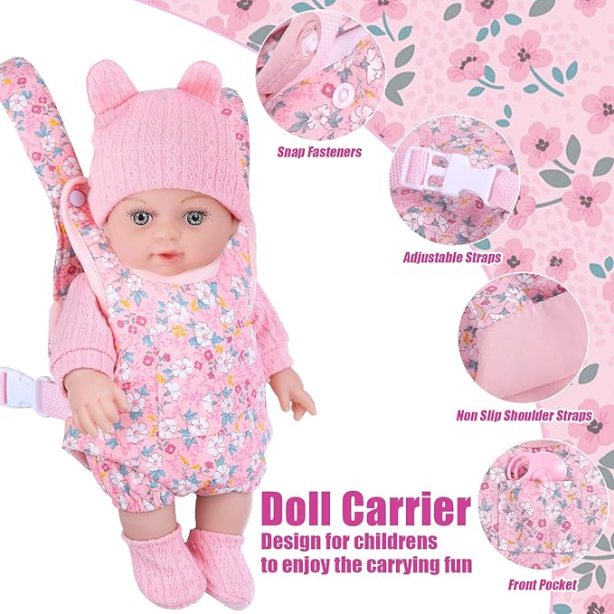 12" Baby Doll Set with Clothes and Baby Carrier for Dolls Reborn Baby Doll Accessories Include Feeding Bottles Nipple Toy Stuffs for Kids Age 3+