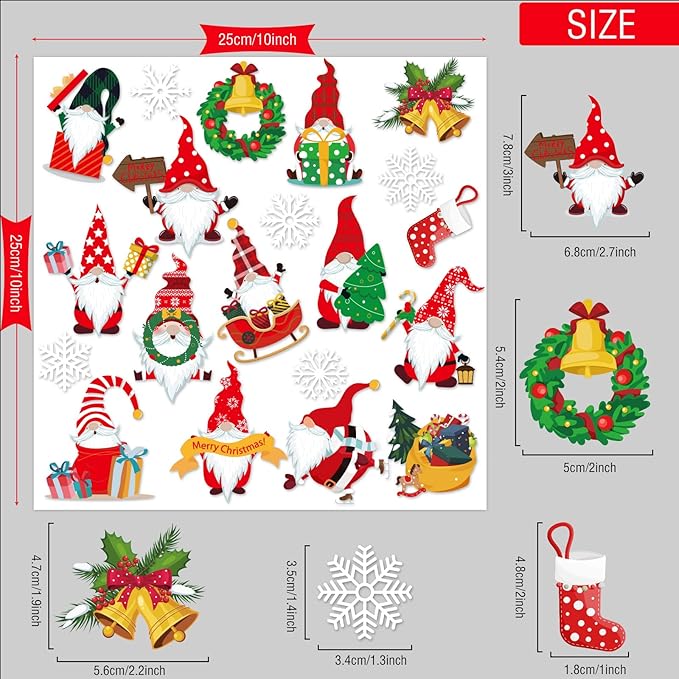 20 Pieces Christmas Thick Gel Clings Christmas Gnome Window Gel Clings Decals Stickers for Toddlers Kids Adults Home Airplane Classroom Nursery Christmas Party Supplies Decoration Removable and