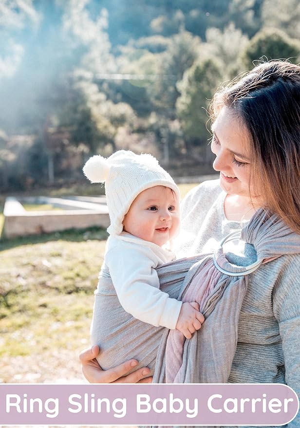 Baby Sling Carrier – Breathable 100% Cotton Wrap for Infant Support, Ring Sling Baby Carrier – Adjustable Muslin Fabric, Baby Carrier Newborn to Toddler – Grey Rose Soft Chest Hold for Travel