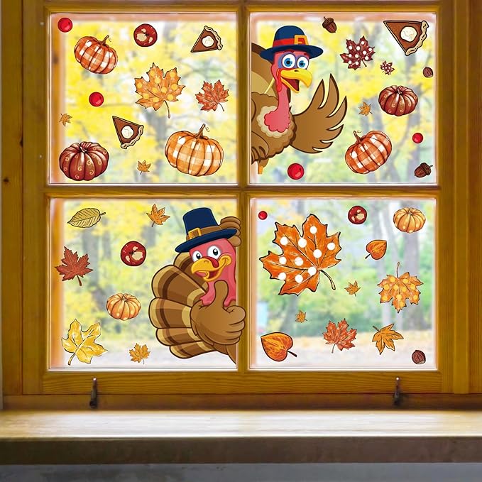 Whaline 9 Sheet Thanksgiving Fall Window Clings Turkey Pumpkin Maple Leaf Reusable Window Decals for for Autumn Harvest Seasonal Holiday School Office Supplies Glass Home Decor