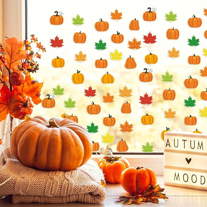 20 PCS Pumpkin Thick Gel Clings Fall Window Decorations Maple Leaves Glass Window Sticker Thanksgiving Decals Stickers for Kids Toddlers Home Airplane Autumn Thanksgiving Harvest Party Supplies