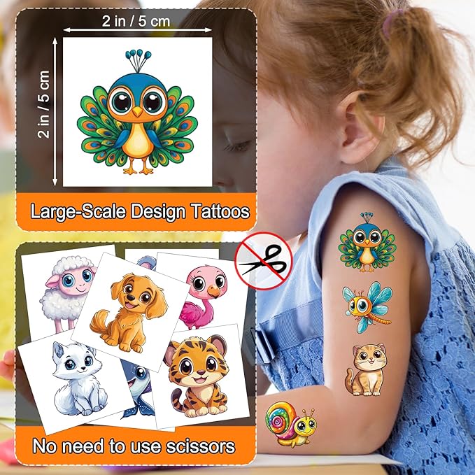 JCFIRE Larger Temporary Tattoos For Kids, 102 Styles Mixed Cute Animals Stickers Birthday Party Favors for Kids 3-5 4-8, Goodie Bag Stuffers Party Supplies Decoration Gifts Activities Games Christmas