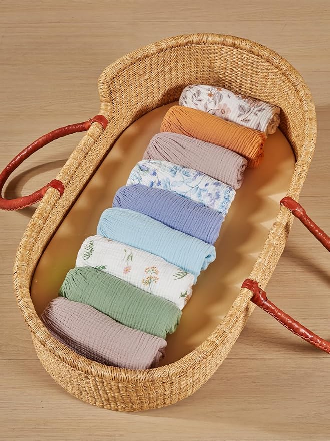 TILLYOU Muslin Bassinet Sheets for Baby Boys Girls 3 Pack, Soft Breathable Elastic Cotton Bassinet Mattress Sheets, Fit Hourglass Oval Rectangle Cradle Mattress, 33"X17",Daisy