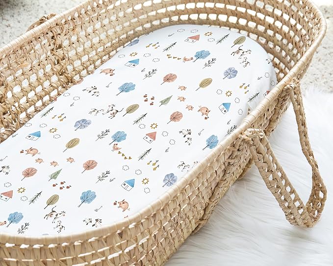 Baby Bassinet Sheets for Boy, Girl (Farm Animals) 2-Pack - Fitted Bedside Bassinet Sheets - Buttery Soft Cotton Blend for Standard Mattress Pad - Compatible with Halo BassiNest