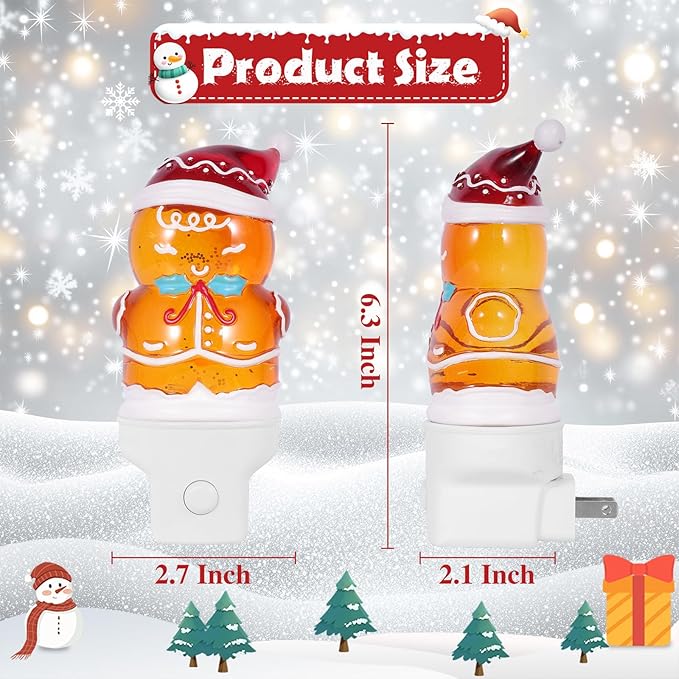 2 Pack Christmas Night Light Plug into Wall Glitter Water Nightlight with USB/Outlet Options, Christmas Gingerbread Decorative Nightlight for Bedroom Kitchen Holiday Decorations Gifts (Gingerbread)