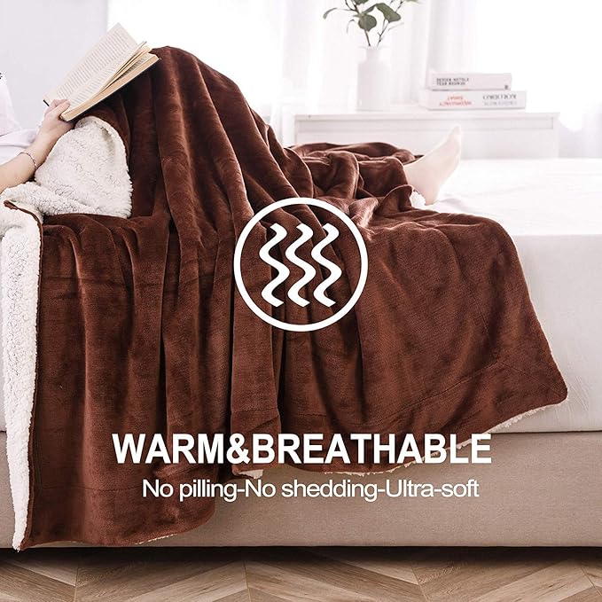 NANPIPER Sherpa Blanket Twin Thick Warm Fuzzy Flannel Fleece/Wool Like Reversible Velvet Plush Blanket (Brown Twin Size 60"x80")