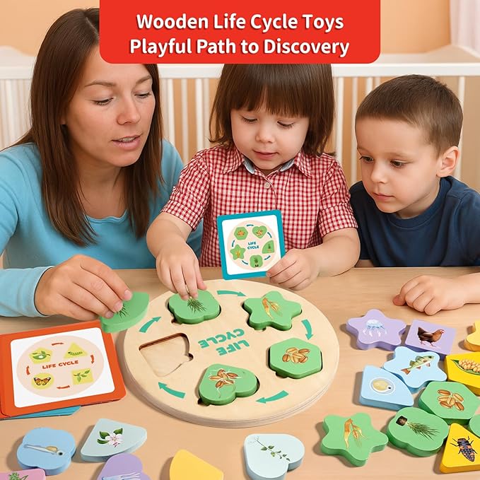 Montessori Wooden Preschool Educational Toys Set for Toddlers 3-6,Life Cycle Puzzle, Shape Sorting Matching Game & Ecosystem Science Center – STEM Learning Gifts for Boys & Girls