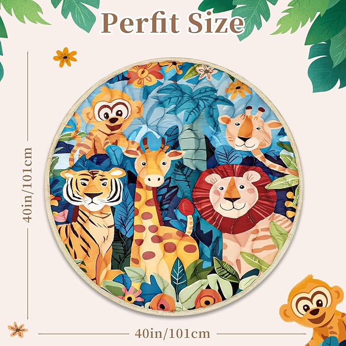 Baby Play Mat Round for Floor, GFU Non-Slip 40x40 Round Mat, Thick One-Piece Crawling Mat Animals, Infants Playmat Foldable and Machine Washable for Boys and Girls