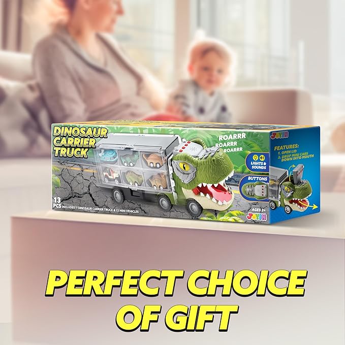 JOYIN 13 in 1 Dinosaur Toys for Kids 3-5, Dinosaur Truck with 12 Pull Back Cars, Birthday Gifts Toys for 3 4 5+ Year Old Boy, Transport Carrier Truck for Toddlers, Christmas Great Gifts for Grandkids
