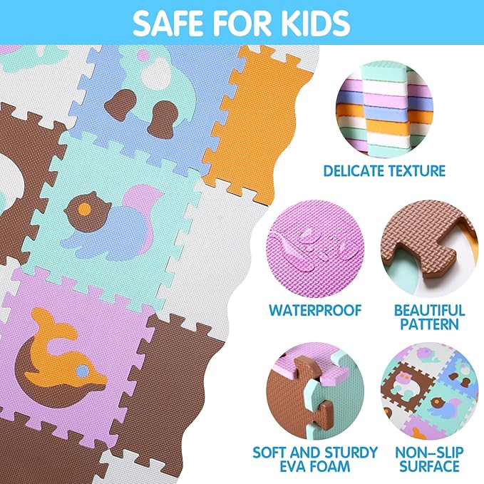 Foam Play Mat for Kids，25Pcs Square Interlocking Puzzle Floor Mat，Baby Play Mat Floor Mat Foam Puzzle Playmat for Toddlers with Fence（Animal-CSH007