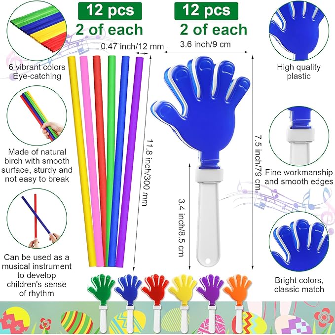 96 Pcs Musical Instruments Learning Percussion Toy Include 12 Egg Shakers 12 Sand Hammers 12 Hand Clappers 12 Rhythm Sticks 12 Hand Bells 12 Handheld Cymbals 12 Dance Scarves 12 Finger Castanets