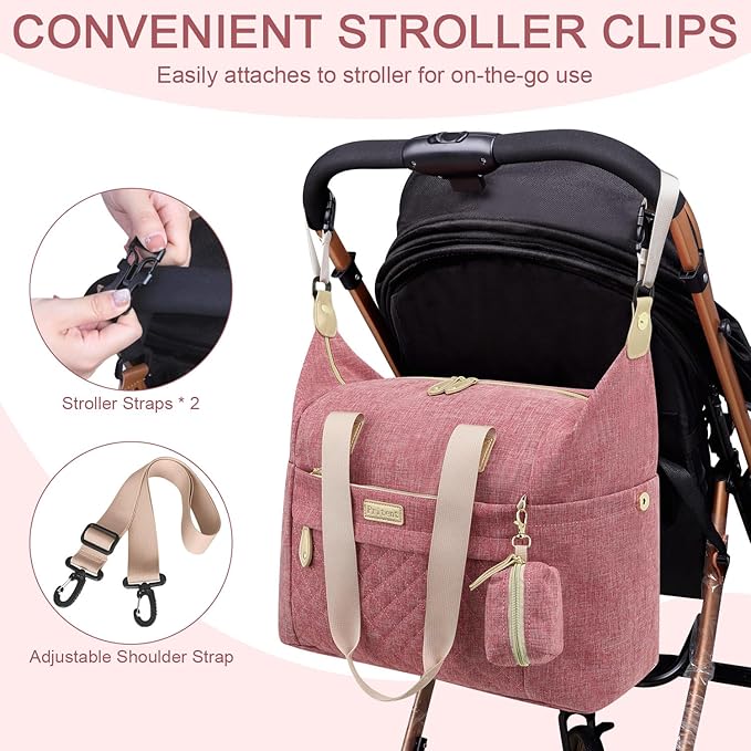 Diaper Bag Tote - Diaper Baby Bags with Pacifier Case, Shoulder Straps, Stroller Clips, Waterproof Large Mommy Bag Maternity Bag Travel Baby Bag for Mom and Dad, Pink