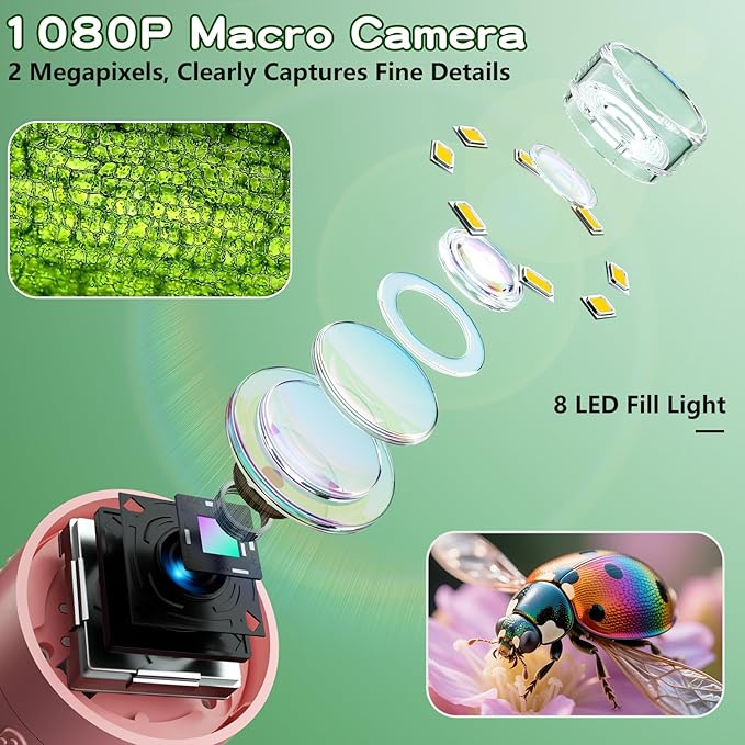 Microscope for Kids with 12 Slides, 100X-1000X 1080P Digital Handheld Kids Microscope, Mini Portable Pocket Miniscope Science Toys Gifts for 3+ 4 5 6 7 8 9 10 11 12 Year Old Boys Girls, Pink