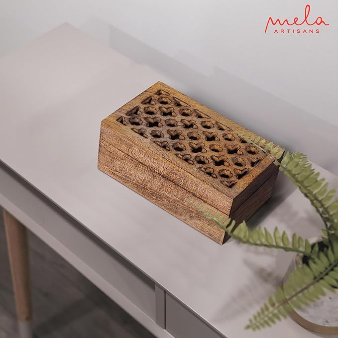 Mela Artisans Wooden Keepsake Box | Medium Burnt Mango Wood Memory & Photo Storage Box with Hinged Lid | Decorative Storage Box | Medium | 7.5x4.5x3 Inch