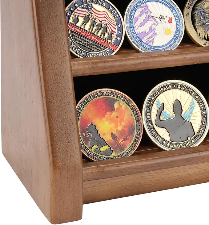 3 Rows Solid Wood Military Challenge Coin Holder Display - Holds 21-24 Coins, Army Coin Rack Display Case Stand for Wall Mount or Tabletop, Walnut