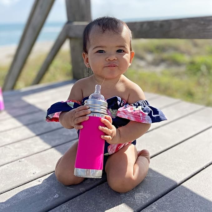 Pura Kiki 9oz/275ml Stainless Steel Infant Bottle w/Sleeve, Anti-Colic, 100% Plastic-Free, MadeSafe Certified, Medical-Grade Silicone, Medium-Flow Nipple, for Babies 3 Months & Up (Rose)