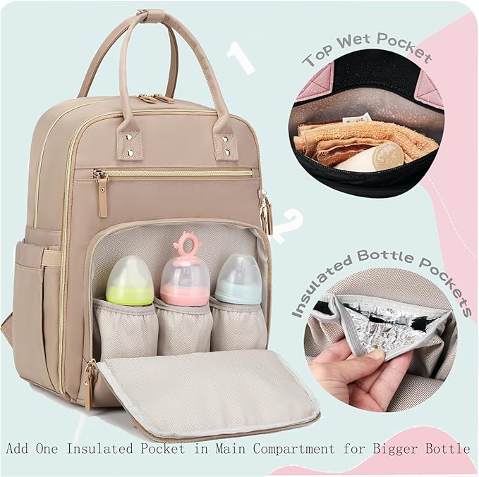 18 Pockets Large Diaper Bag Backpack with Waterproof Pockets and Stroller Buckle, Convertible Baby Bag (Mocha Mousse, Large)