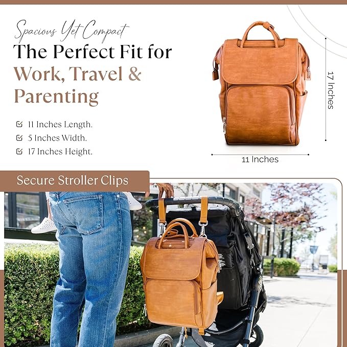Citi Collective Explorer Brown Diaper Bag Backpack - Vegan Leather Diaper Bag with Shoulder Strap, Insulated Bottle Pockets, Changing Pad, Stroller Clip- Versatile Diaper Bag for Baby