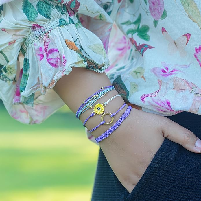 FANCY SHINY Sunflower String Bracelet Boho Braided Rope Wrap Bracelets Cute Summer Beach Surfer Jewelry for Women Christmas Gifts