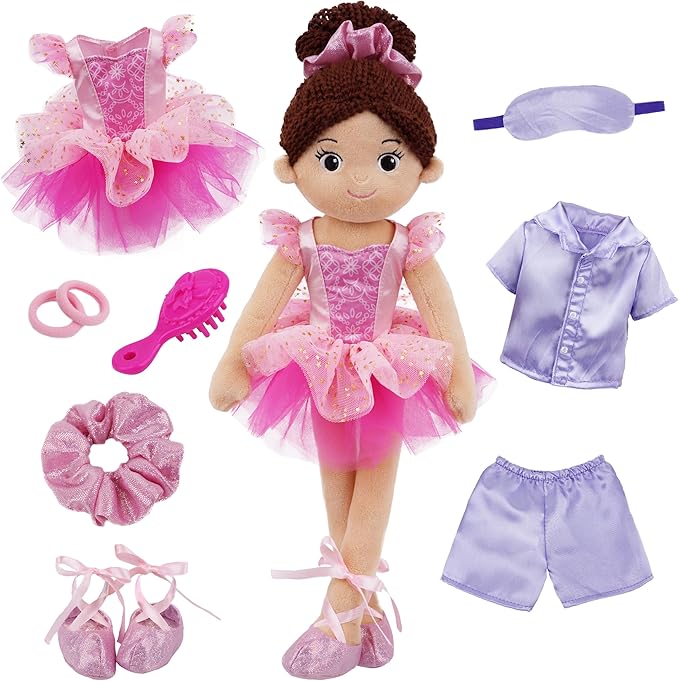 June Garden 14" Snuggle Cutie Ballerina Doll Maya – Soft Plush Doll with Ballet Outfit, Purple Pajama Set & Accessories – Dress Up Pretend Play Toy for Girls