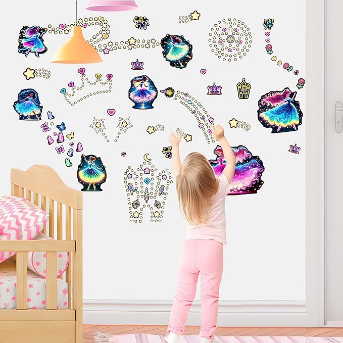 Glow in The Dark Princess and Star Wall Decals, Neon Butterflies Stickers for Girls Room, Luminous Stars Ceiling Decor for Bedroom Playroom Nursery