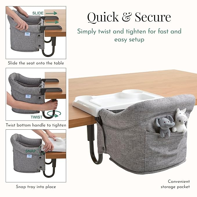Evolur Clamp-On Comfort Table Chair | Removable & Washable Seat Cover, Dishwasher-Safe Tray, Foldable Design with Carry Bag | Portable High Chair for Babies & Toddlers (6–36 Months)