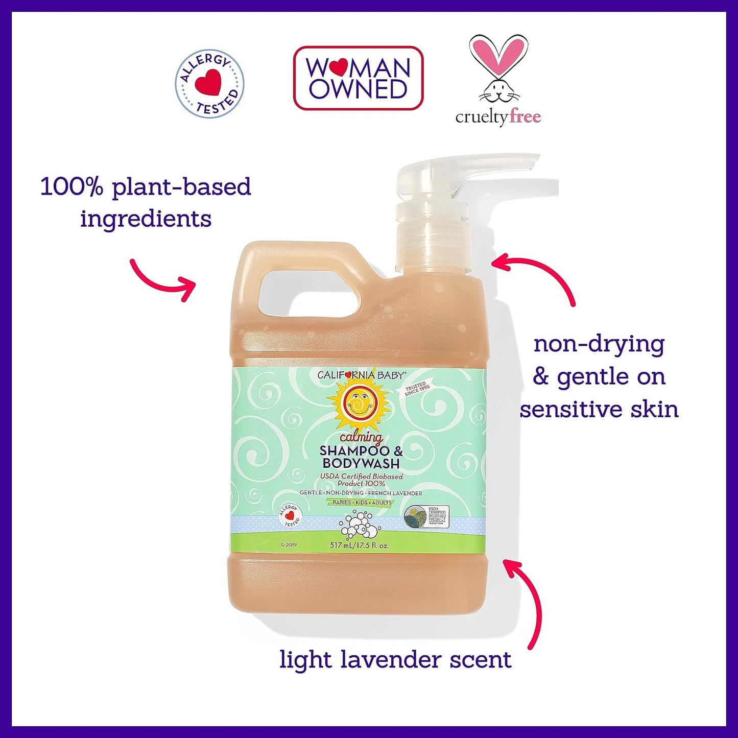 California Baby Calming Lavender Shampoo and Body Wash | 100% Plant-Based (USDA Certified) | Allergy Friendly | Baby Soap and Toddler Shampoo for Dry, Sensitive Skin | 517 mL / 17.5 fl. oz
