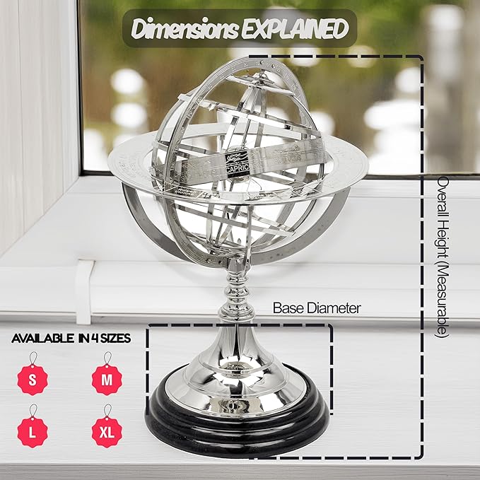 Antique Vintage Zodiac Armillary Brass Sphere Globe Wooden Display | Pirate's Antique Ship Decor | Nagina International (Large, Nickel Plated)