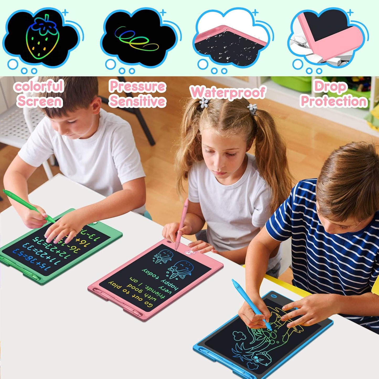 FLUESTON LCD Writing Tablet for Kids,Drawing Tablet for Boys Girls 3 4 5 6 7 8 Year,8.8 Inch 3pcs in 1 Pack Drawing Pad Toy Birthday Gifts for Toddler, Educational Doodle Board Cute Dinosaur Unicorn