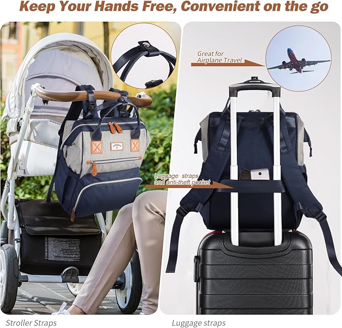 Diaper Bag Backpack: Tote Baby Bag for Boy and Girl, Large Mommy Bag Insulated Pockets Charger Holes for Men and Women, Nappy Bag for Baby Airplane Traveing Blue Grey