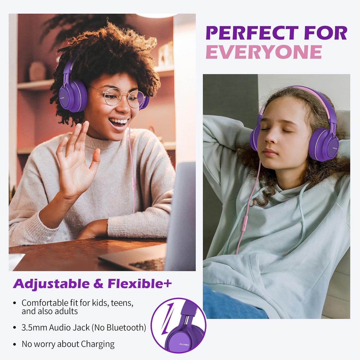 AILIHEN C8 Girls Headphones, On-Ear Headphones Wired with Microphone and Volume Control Foldable Corded Stereo 3.5mm Headset for Girls School Chromebook Laptop Computer PC Tablets Travel (Purple Pink)