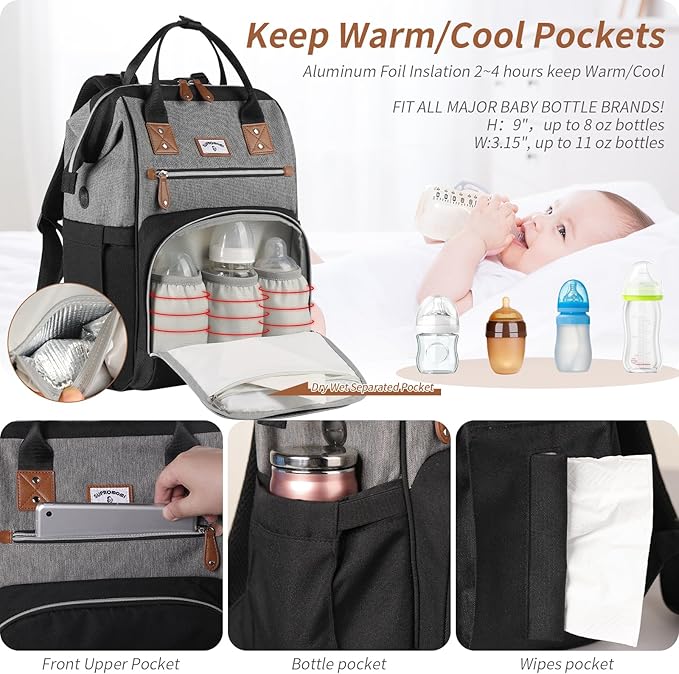 Diaper Bag Backpack:Baby Bag Large Tote Diaper bag for Boys and Girls, Men's Diaper Backpack, Women's Shoulder Mommy Bag, 2 Kids Nappy bag for mom and dad Black Grey
