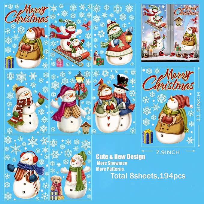 195 Pcs Christmas Window Clings Xmas Snowman Snowflake Window Decoration Large-Size Double-Side | Reusable Snowflake Window Stickers for Xmas Decorations Party Home Decor