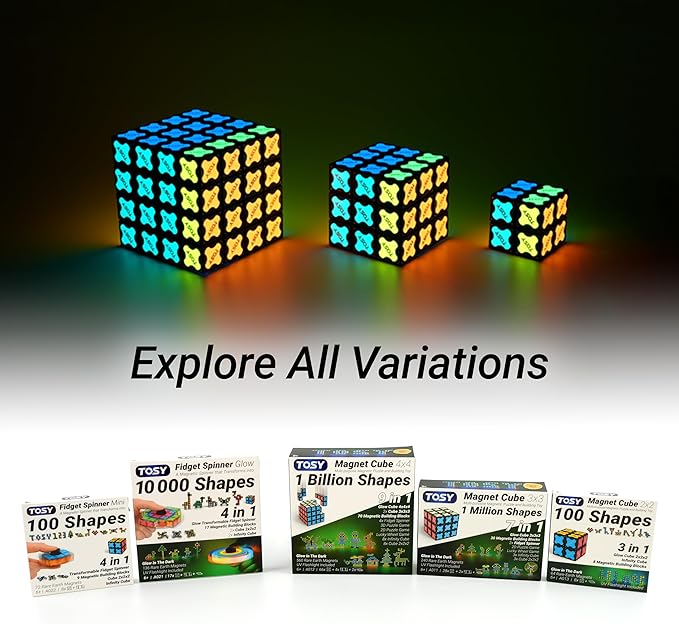 TOSY Magnet Fidget Spinner Glow - 16 Blocks, 3 in 1 Toy: Transformable Fidget Spinner, Infinity Cube, 2x2 Puzzle Cube, Glow, STEM/STEAM Magnet Tiles Birthday Gift for Kids/Boys/Girls/Adults, 2-Pack