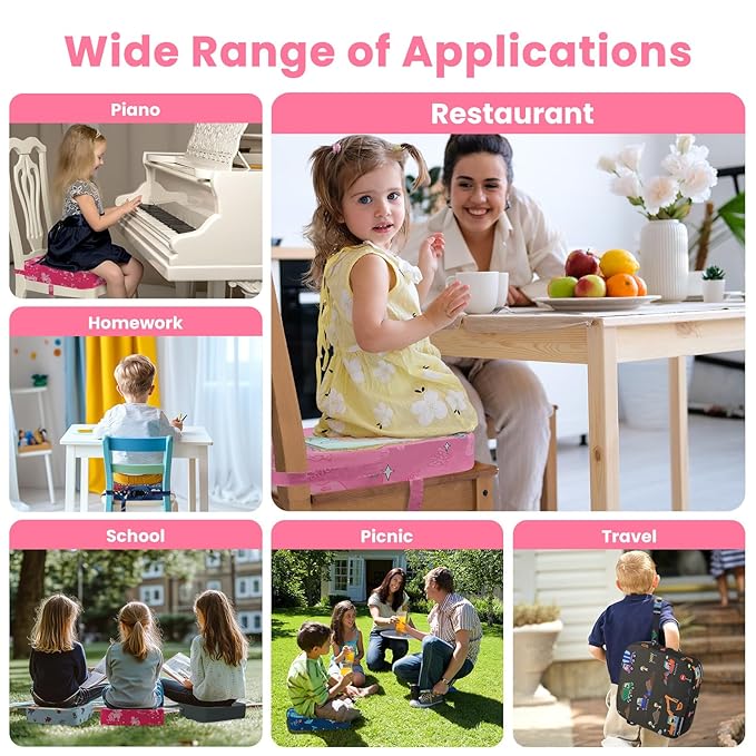 Toddler Booster Seat for Dining Table, Kids Booster Seat for Kitchen Chair with Non-Slip Bottom, Portable Detachable Washable Increasing Cushion with 2 Adjustable Straps (Unicorn)