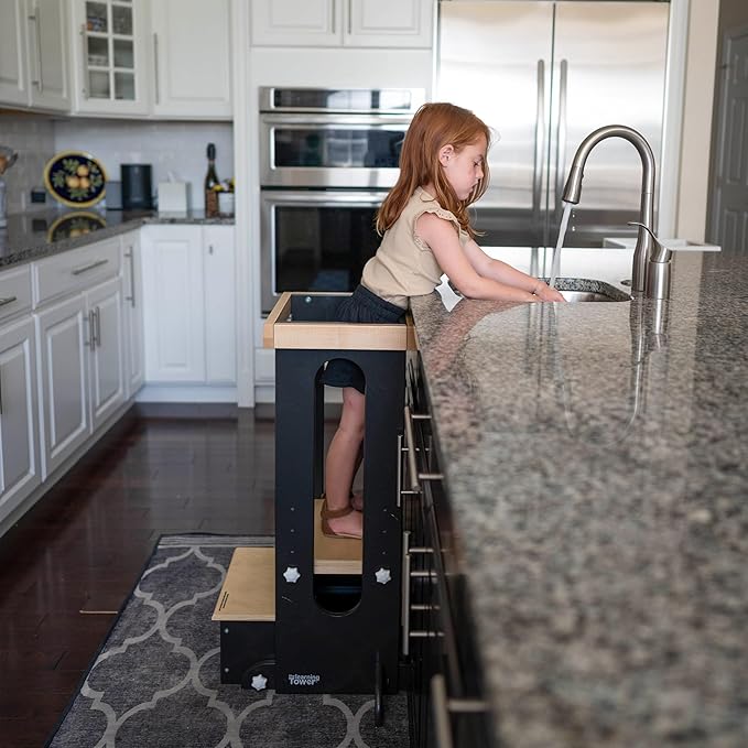 Little Partners Foldable Toddler Tower, Learning Tower Explore 'N Store Montessori Standing Kitchen Tower with Folding Step Stool Platform for Cooking and Learning, Ages 2+ (Charcoal)