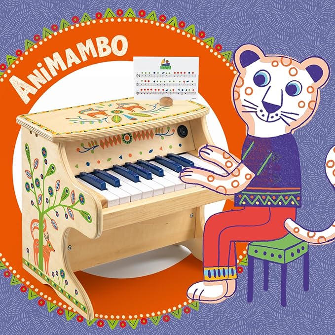 DJECO - Animambo Electric Piano 18 Keys - Playing Music for Children - Enhances Motor Skills - Develops Coordination, Dexterity, and Rhythm - Fosters Creativity, Adorable Design - Kids Ages 3+