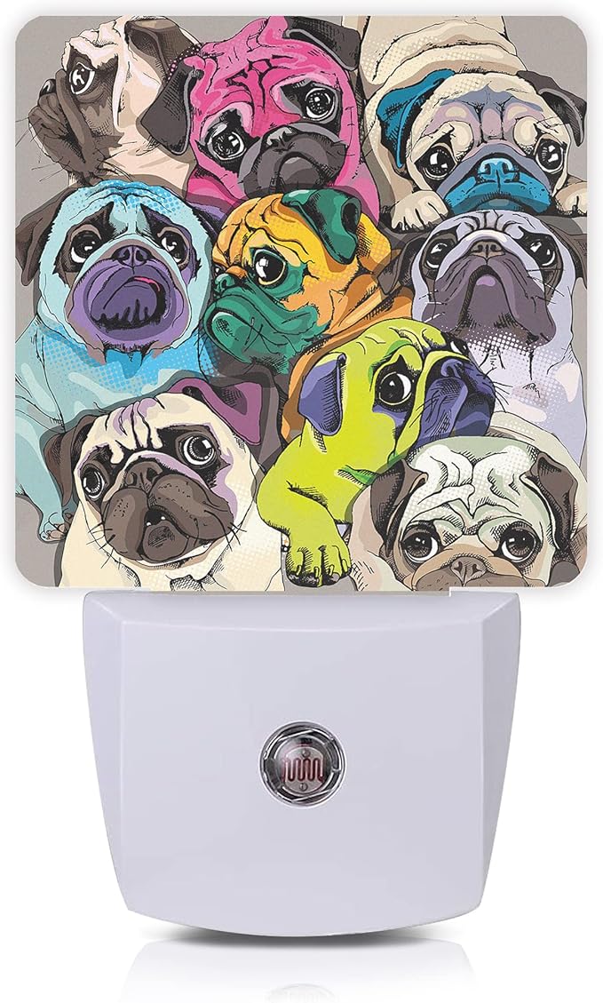 Dog Night Light,Colorful Pugs Dogs Night Lights Plug into Wall with Dusk to Dawn Light Sensors 0.5W Dim Lamp for Bedroom