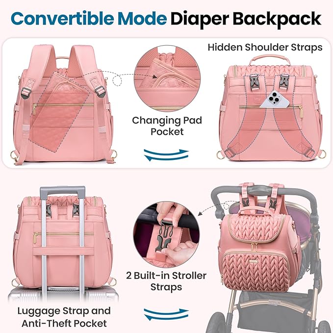 4 in 1 Convertible Diaper Bag Backpack,Waterproof Baby Diaper Bag with Changing Pad,Converts into Baby Tote Bag,Diaper Backpack,Stroller Bag and Crossbody Diaper Bag